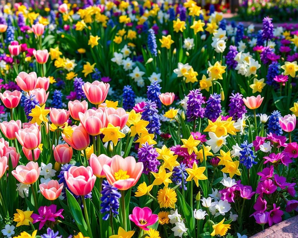 beste Frühlingsblumen im Blumenbeet