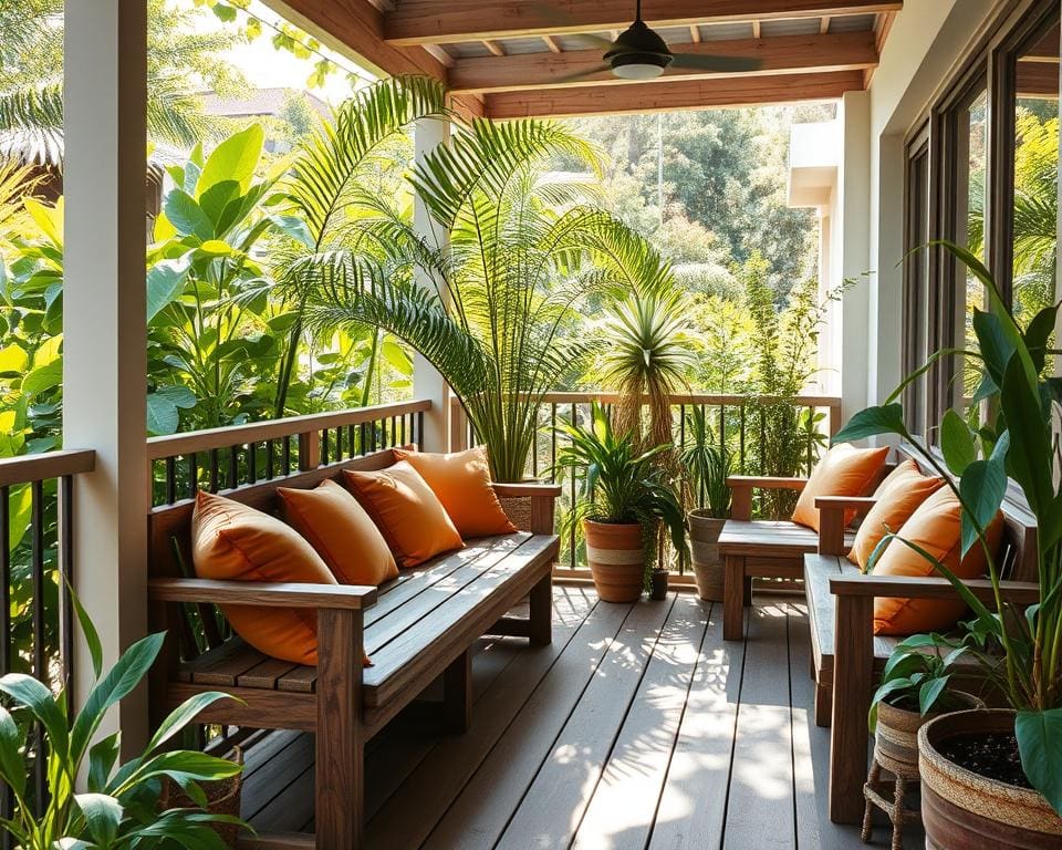 Sitzbänke aus Holz auf dem Balkon