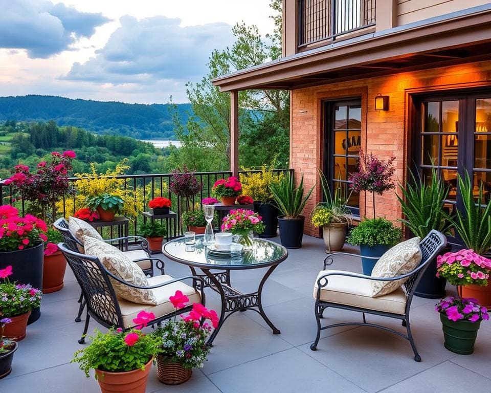 Terrasse dekorieren mit Aluminium-Möbeln und Pflanzen