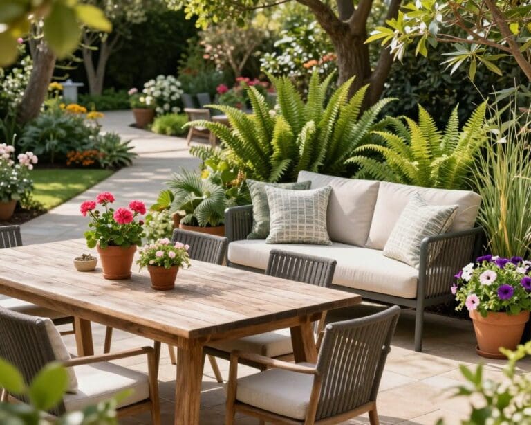 Wie kombiniert man Pflanzen und Gartenmöbel?